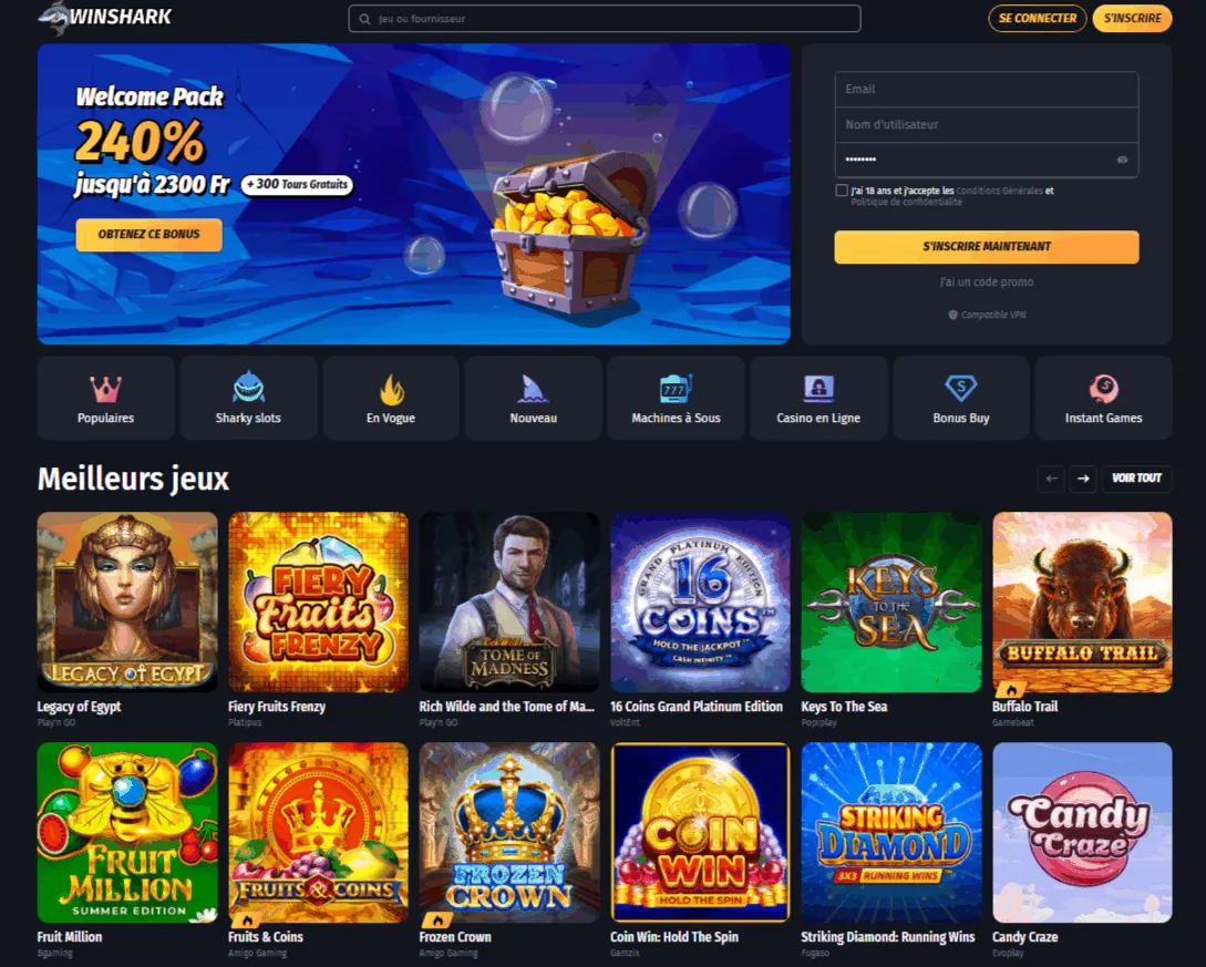 Winshark Casino bonus de bienvenue Winshark Casino Accueil